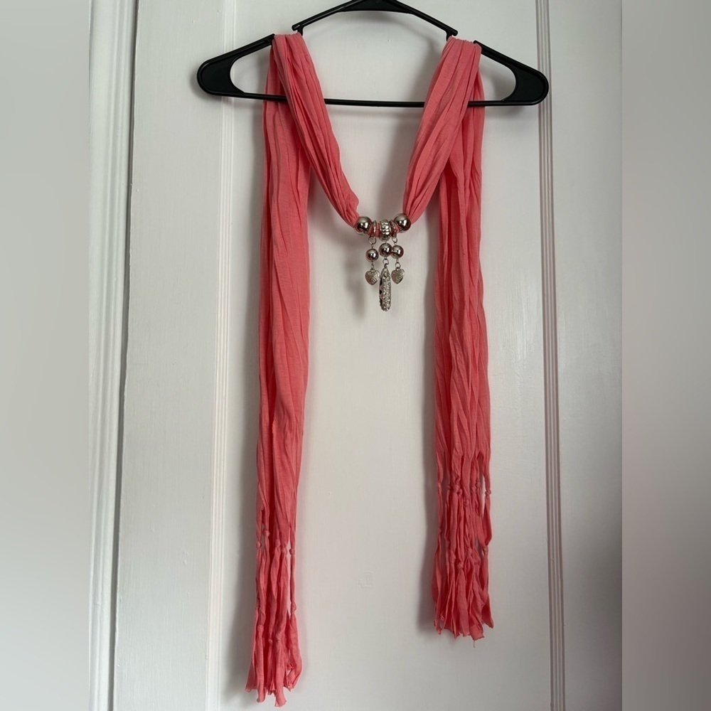 Coral Jewelry Beaded Pendant Necklace Scarf with Fringes 65” long (approximate